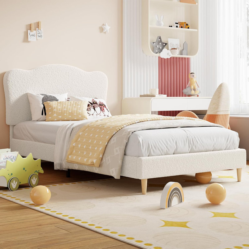 Harriet Bee Upholstered Twin Size Bed Frame For Kids With Scallop Headboard Cute Velvet Twin Bed For Girls Boys Sturdy Platform Bed No Box Spring